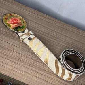 D.L. Rhein Zebra Cowhide Gold and Cream Belt with Floral Buckle